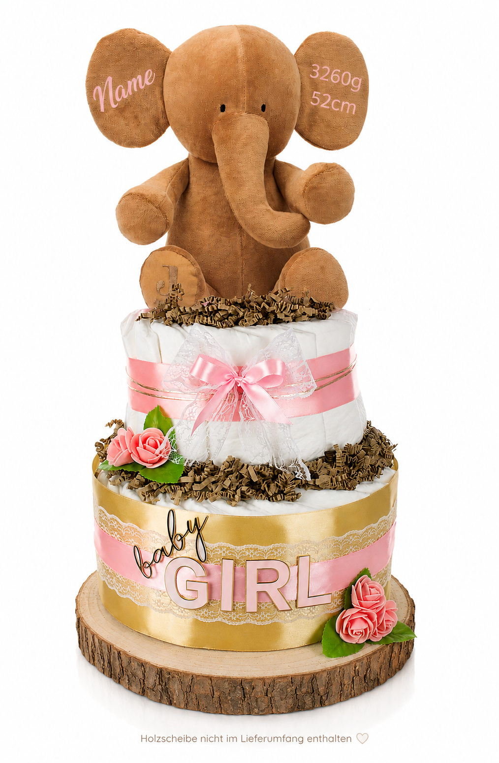 Two-tier pink and gold diaper cake with embroidered elephant and roses on a white background