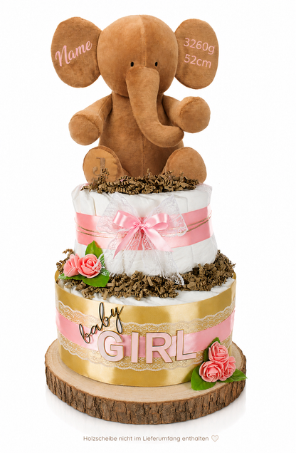 Two-tier pink and gold diaper cake with embroidered elephant and roses on a white background