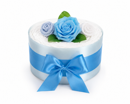 Blue rose diaper cake with a satin bow, large rose and two sock flowers