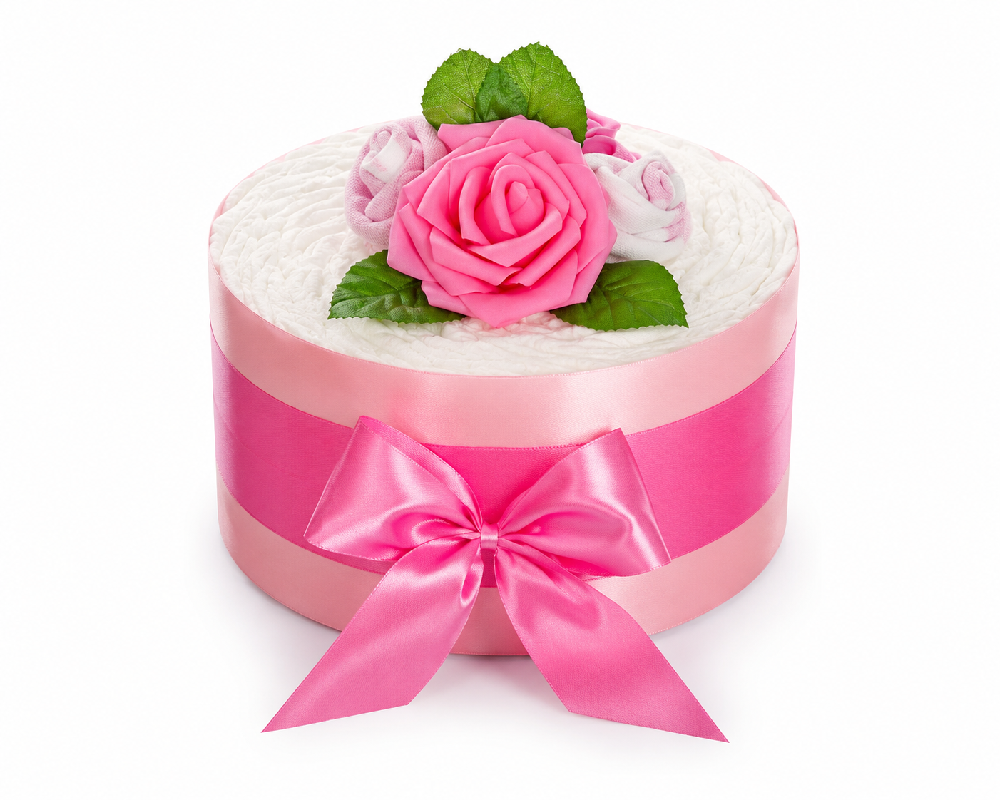 Pink diaper cake with a wide satin bow, bright rose bloom, sock roses and green leaves on white