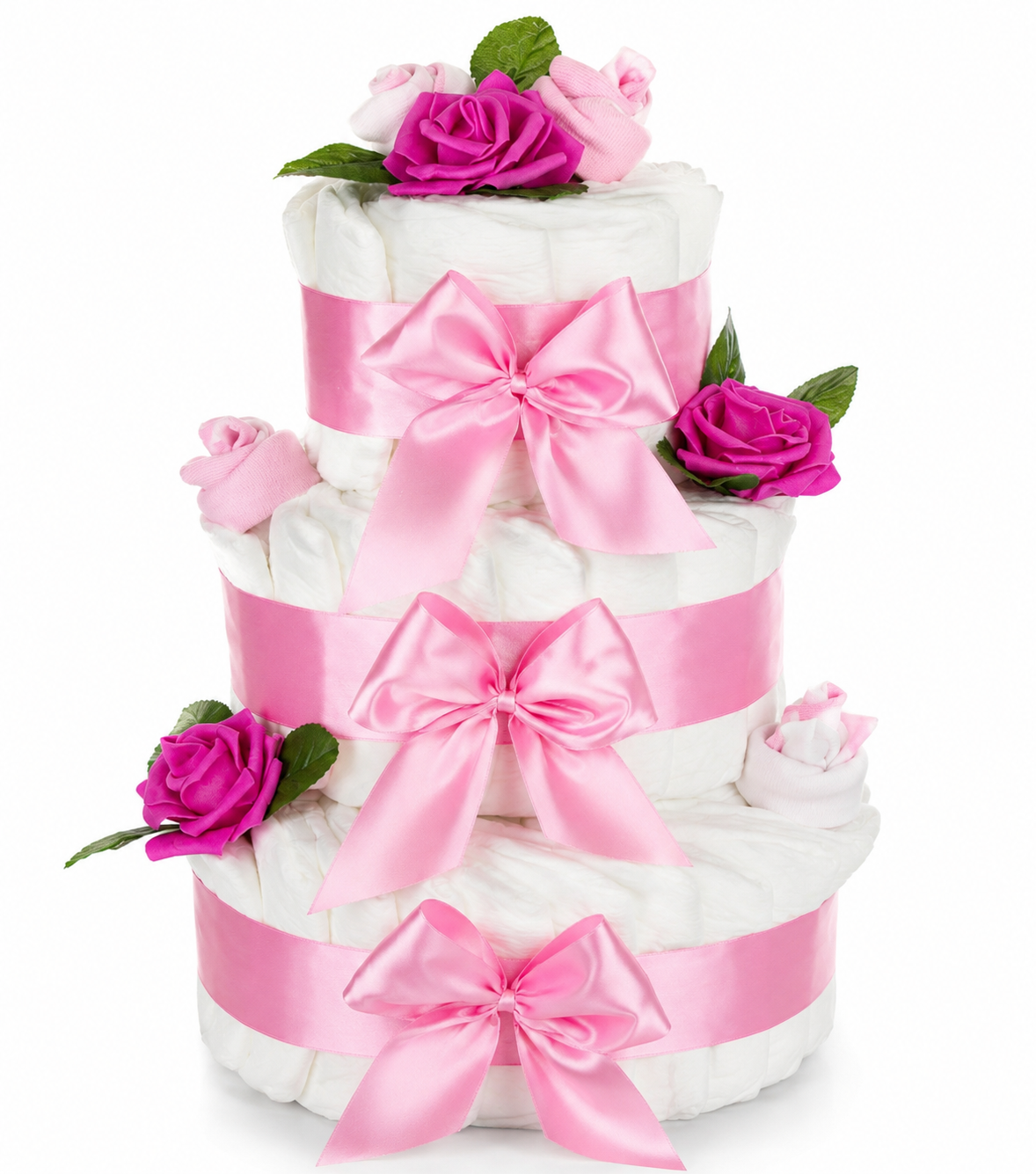 Three-tier pink diaper cake with three satin bows, bright roses and baby socks against a white background
