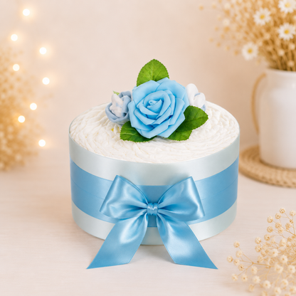 Diaper cake with pale blue ribbons, a large blue rose, sock flowers and a satin bow