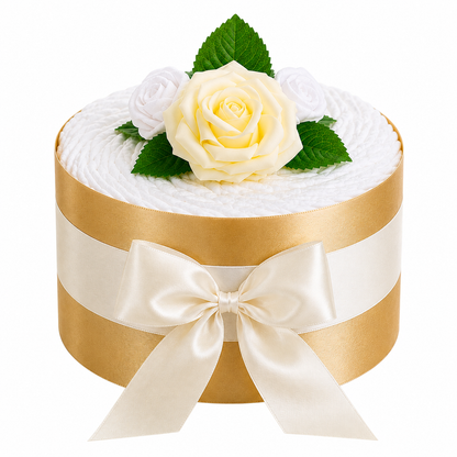 Gold and cream diaper cake on white with three roses, green leaves and a cream satin bow