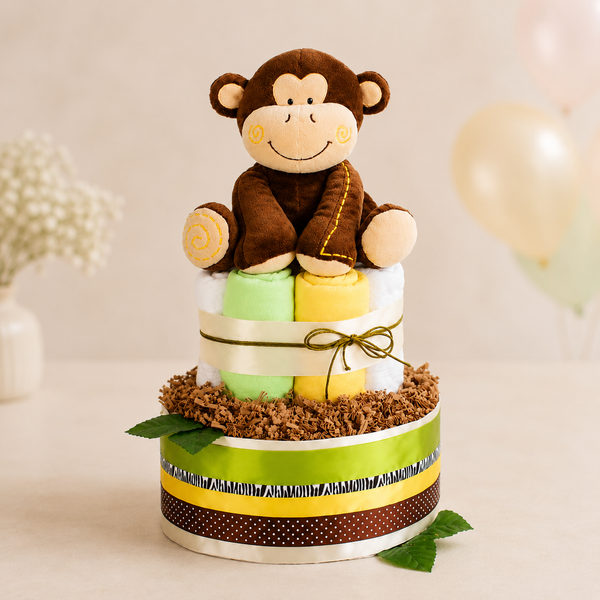 Große Safari-Windeltorte mit brauner Affen-Spieluhr, grünen und gelben Mullwindeln und Schleifen