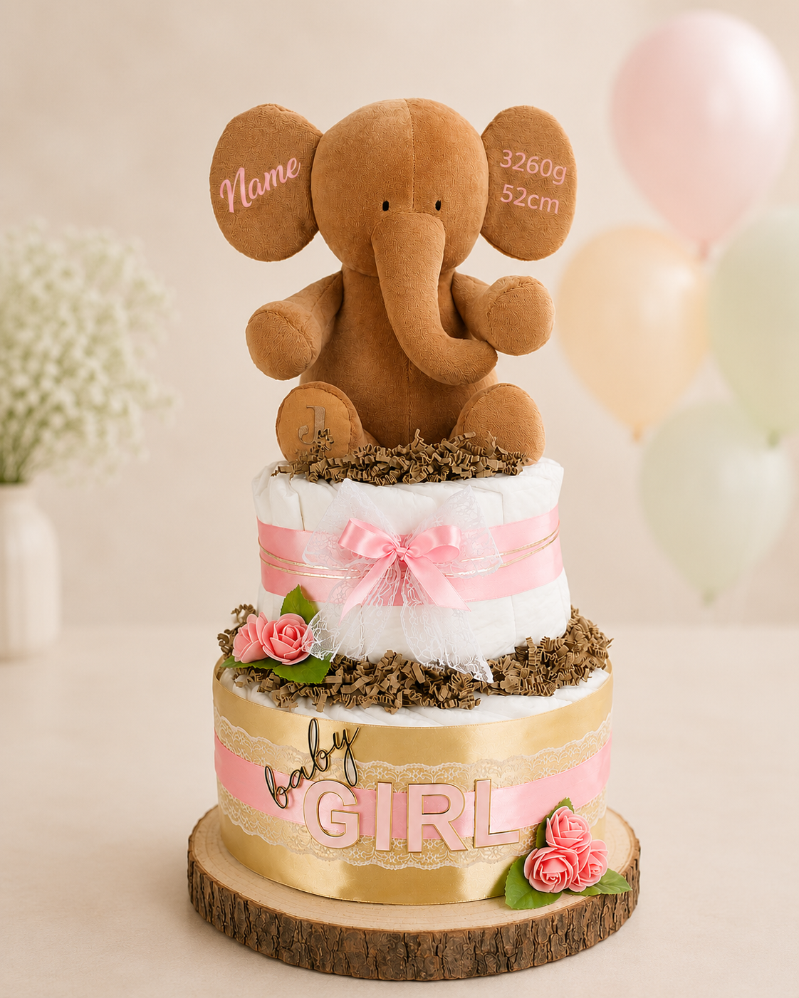 Personalised pink diaper cake with elephant, name and birth details embroidered on its ears