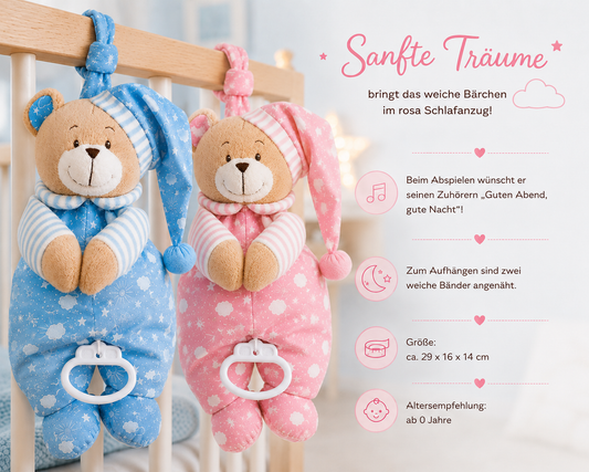 Two pink-and-blue musical bears on a cot; infographic lists the melody and size as 29 × 16 × 14 cm