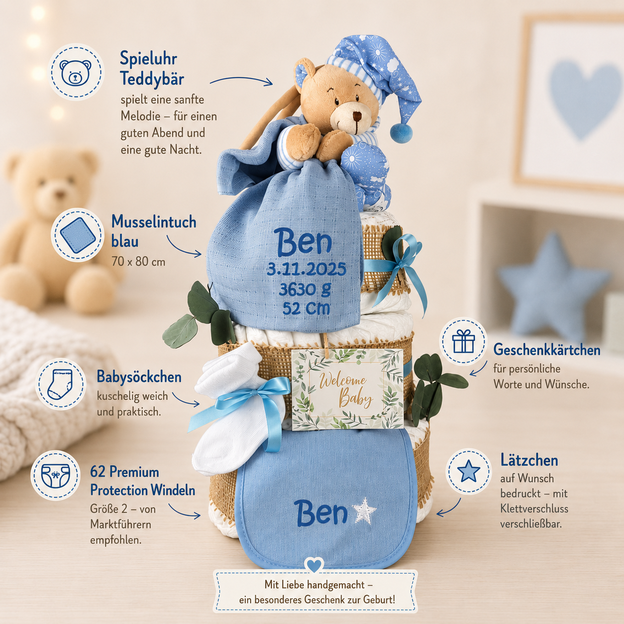 Ausstattung der blauen Windeltorte: Spieluhr-Teddy, 62 Windeln, Musselintuch, Söckchen und Lätzchen