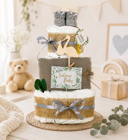 Grey diaper cake with wooden stork, baby booties and Welcome Baby card, with a teddy bear behind