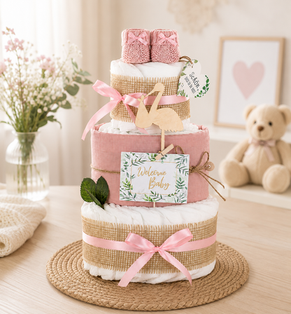 Pink diaper cake with booties, wooden stork and “Welcome Baby” card in a bright nursery with teddy bear