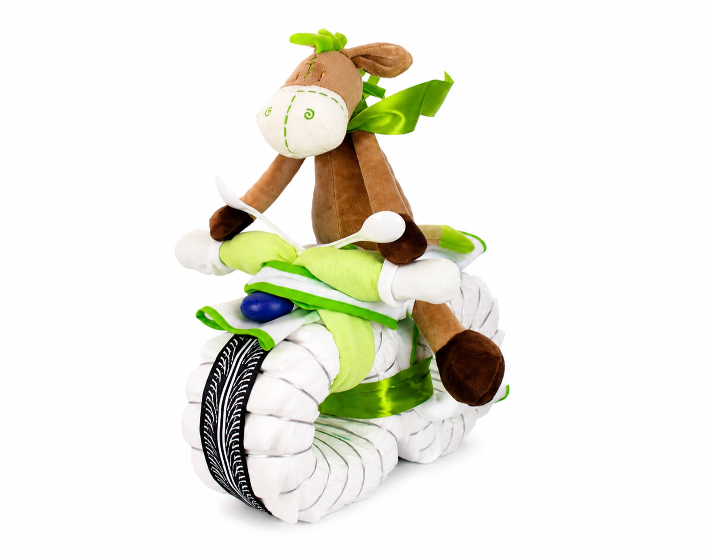 Green and white diaper motorcycle with a brown floppy donkey and two white spoons on a white background