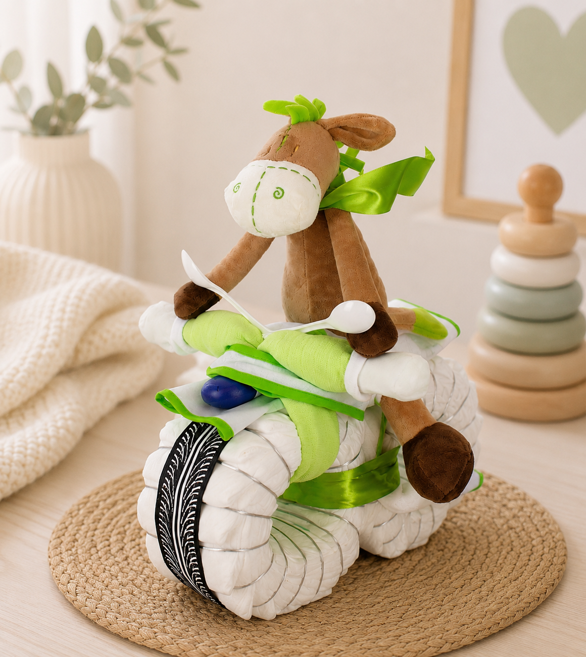 Green diaper motorcycle with brown floppy donkey, white spoons and satin ribbon in a warm nursery