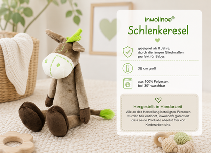 Brown inwolino floppy donkey beside an info card: 38 cm tall, polyester and washable at 30 degrees