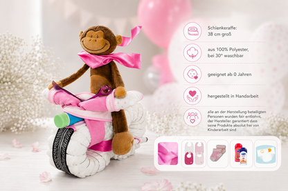 Pink diaper motorcycle with floppy monkey and details on size, material, washing and handmade production