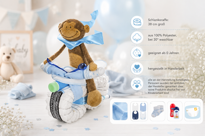 Diaper motorcycle with product details for the 38 cm dangling monkey, plus material and contents