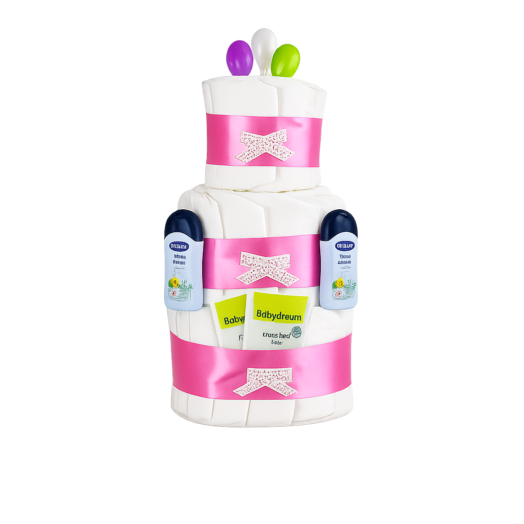Grußkärtchen „Hurra, du bist da!“ im A7-Format, passend zur rosa Windeltorte