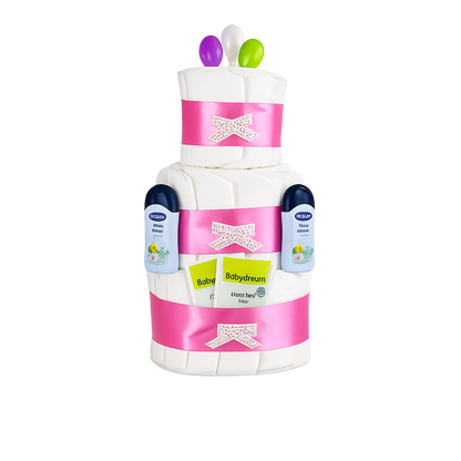 Grußkärtchen „Hurra, du bist da!“ im A7-Format, passend zur rosa Windeltorte