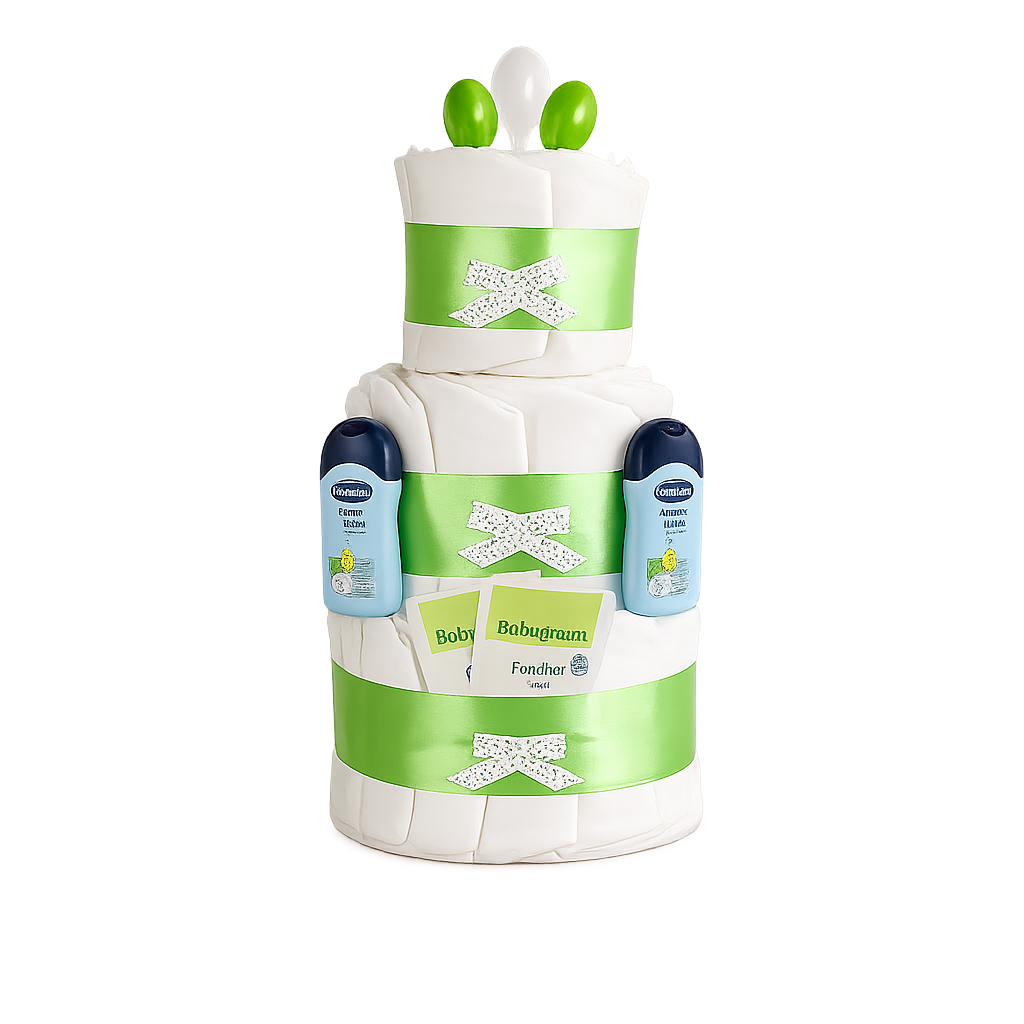 Detailansicht der eingearbeiteten Pampers Premium Protection Windeln der grünen Windeltorte