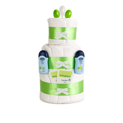Detailansicht der eingearbeiteten Pampers Premium Protection Windeln der grünen Windeltorte