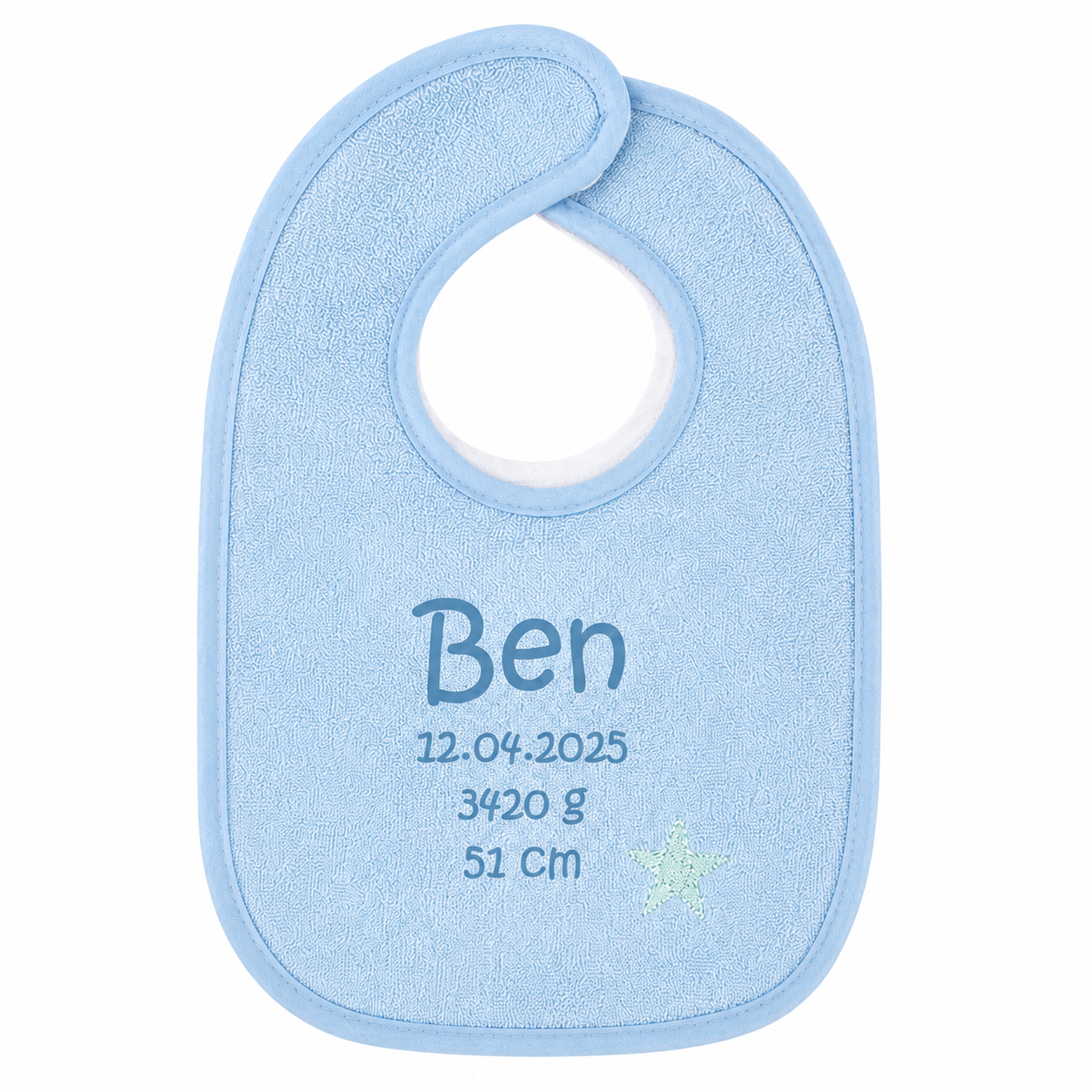 1x Personalisiertes Babylätzchen mit Namen & Geburtsdaten - Individuell bedruckt Blau