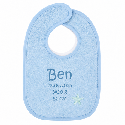 1x Personalisiertes Babylätzchen mit Namen & Geburtsdaten - Individuell bedruckt Blau