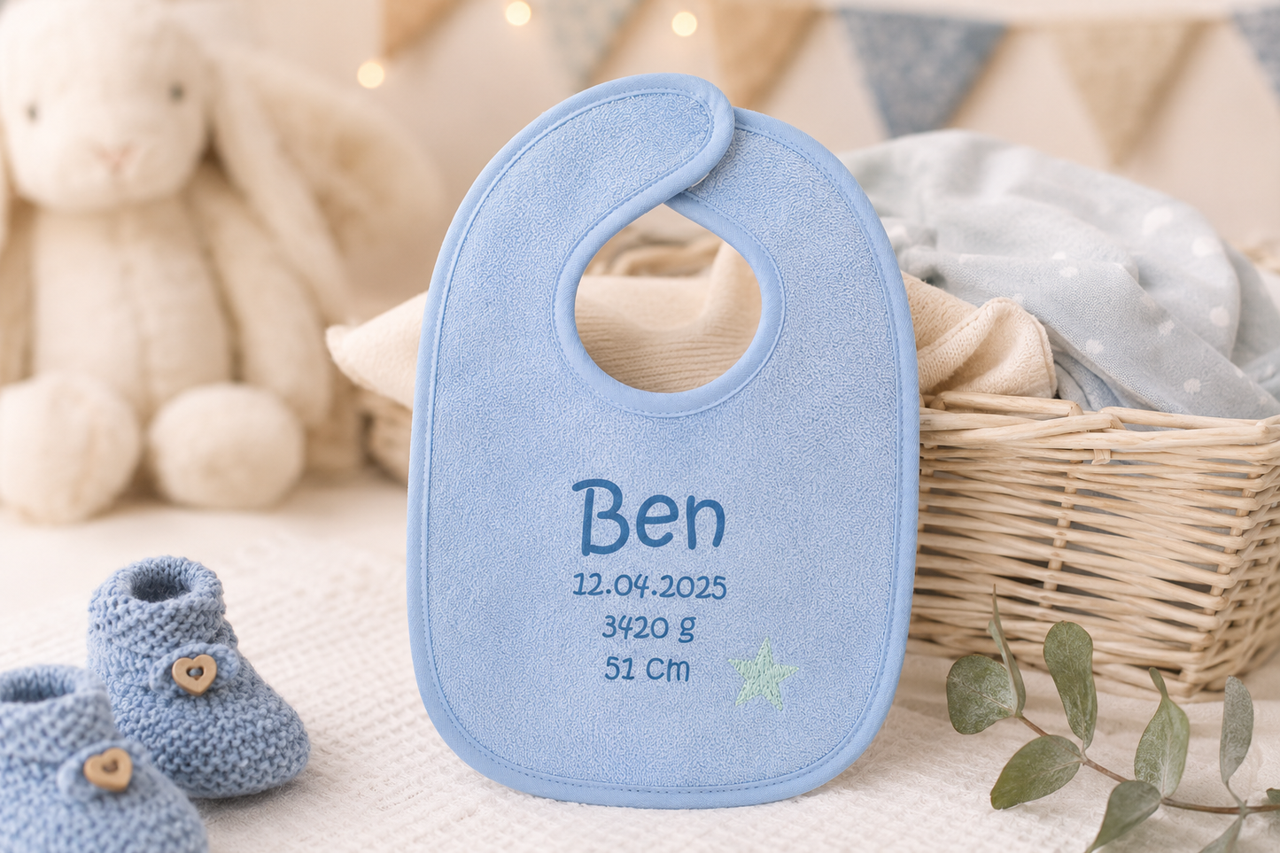 1x Personalisiertes Babylätzchen mit Namen & Geburtsdaten - Individuell bedruckt Blau