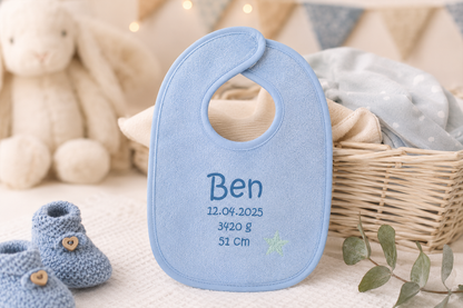 1x Personalisiertes Babylätzchen mit Namen & Geburtsdaten - Individuell bedruckt Blau