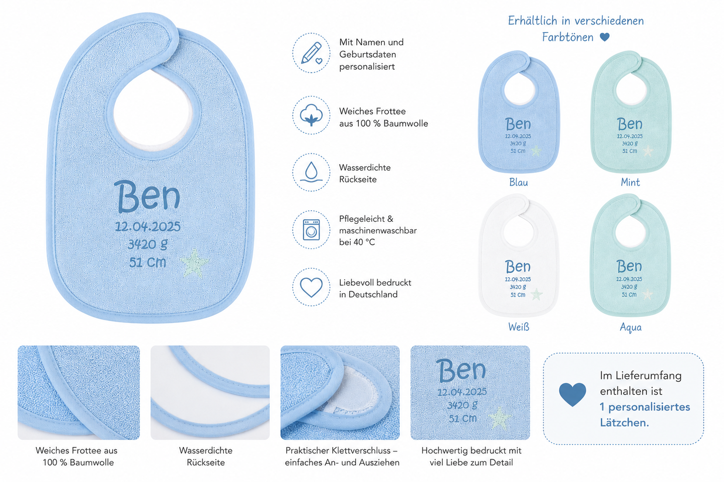 1x Personalisiertes Babylätzchen mit Namen & Geburtsdaten - Individuell bedruckt Blau