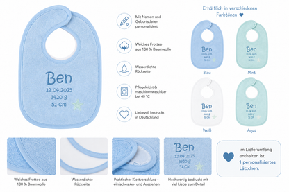 1x Personalisiertes Babylätzchen mit Namen & Geburtsdaten - Individuell bedruckt Blau