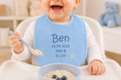 1x Personalisiertes Babylätzchen mit Namen & Geburtsdaten - Individuell bedruckt Blau