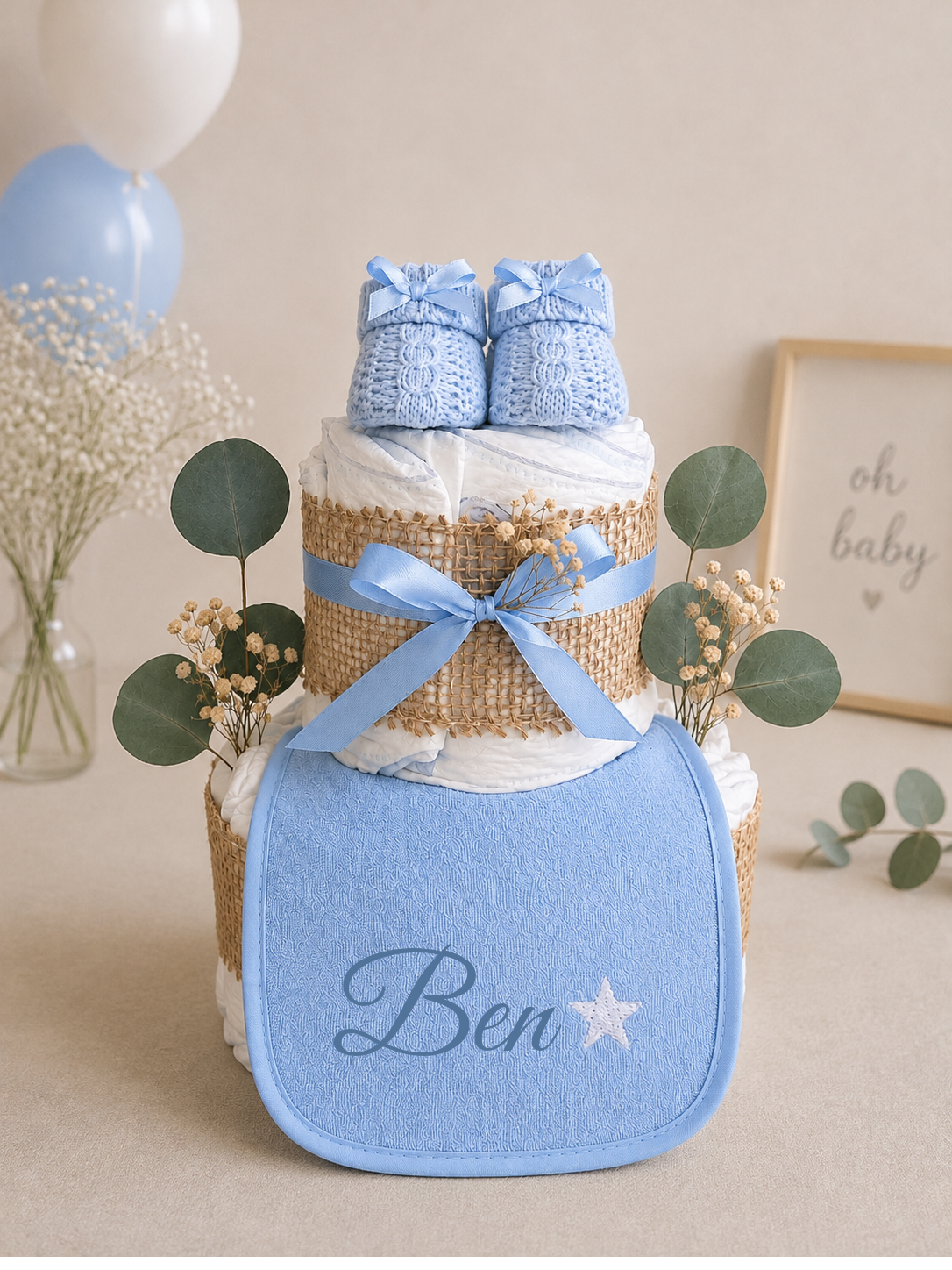 Windeltorte Blau mit Lätzchen & Booties