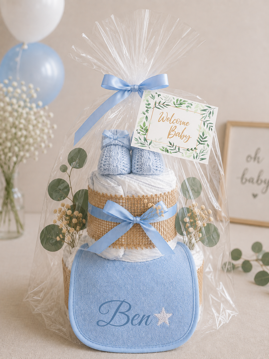 Windeltorte Blau mit Lätzchen & Booties