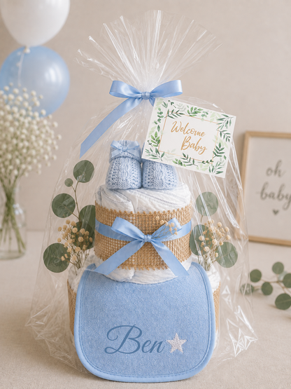 Windeltorte Blau mit Lätzchen & Booties