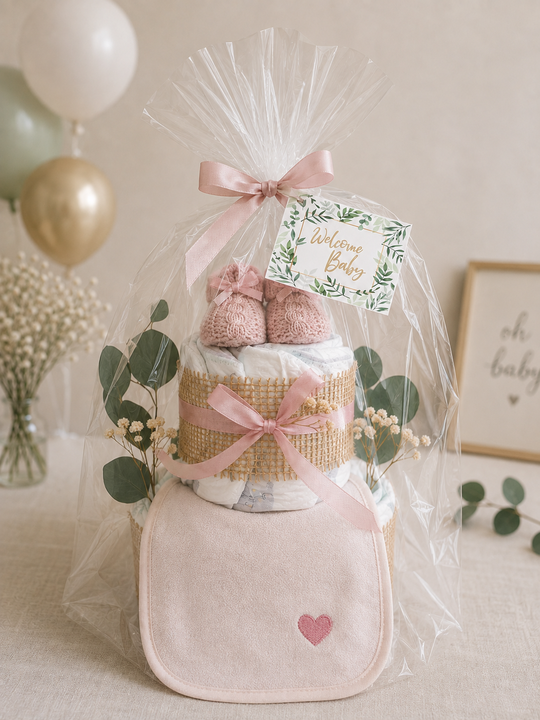 Windeltorte Rosa mit Lätzchen & Booties