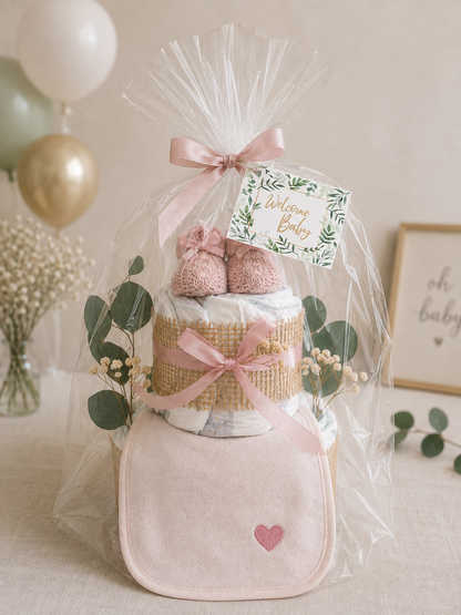 Windeltorte Rosa mit Lätzchen & Booties