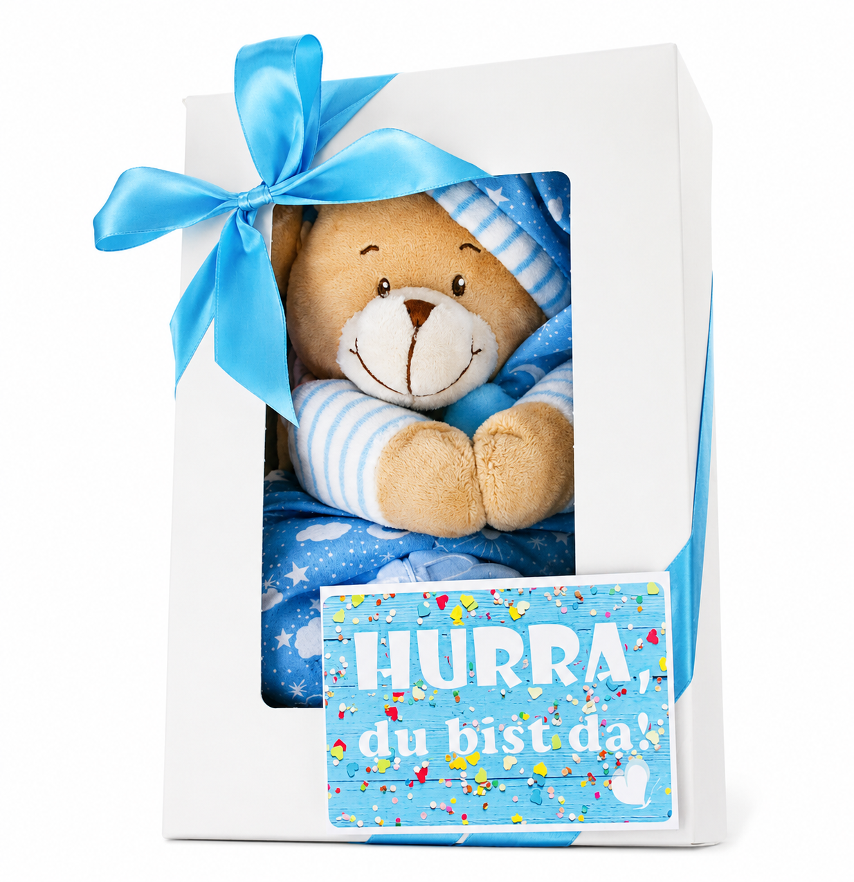 Kuscheliger Plüsch-Spieluhr-Bär als Babygeschenk in der Geschenkbox