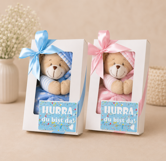 Baby-Musikspieluhr Bär als Geschenkbox in Blau und Rosa zur Geburt
