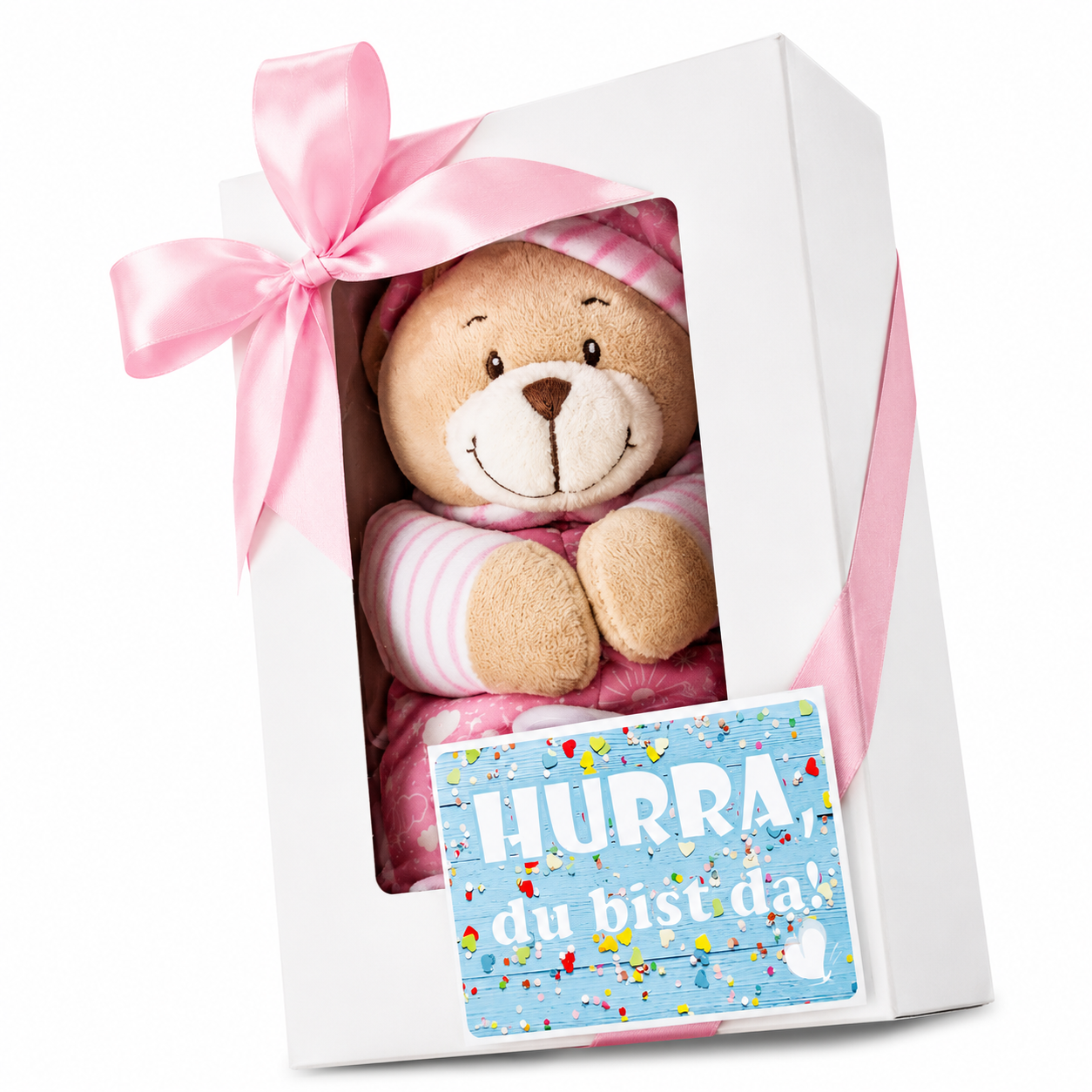 Geschenkbox mit Spieluhr Bär im weichen Schlafanzug als Geschenk zur Geburt