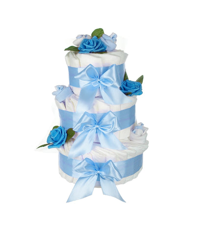 Große Windeltorte Rosenblüte | 3-stöckig blau