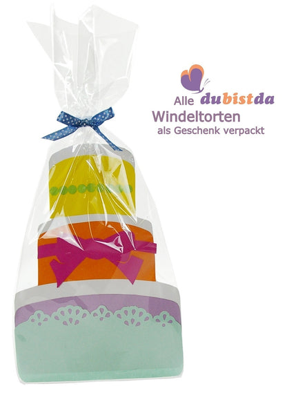Premium Windeltorte rosa | Spieluhr Teddybär, Musselintuch, Lätzchen | Personalisierbar | 4-stöckig