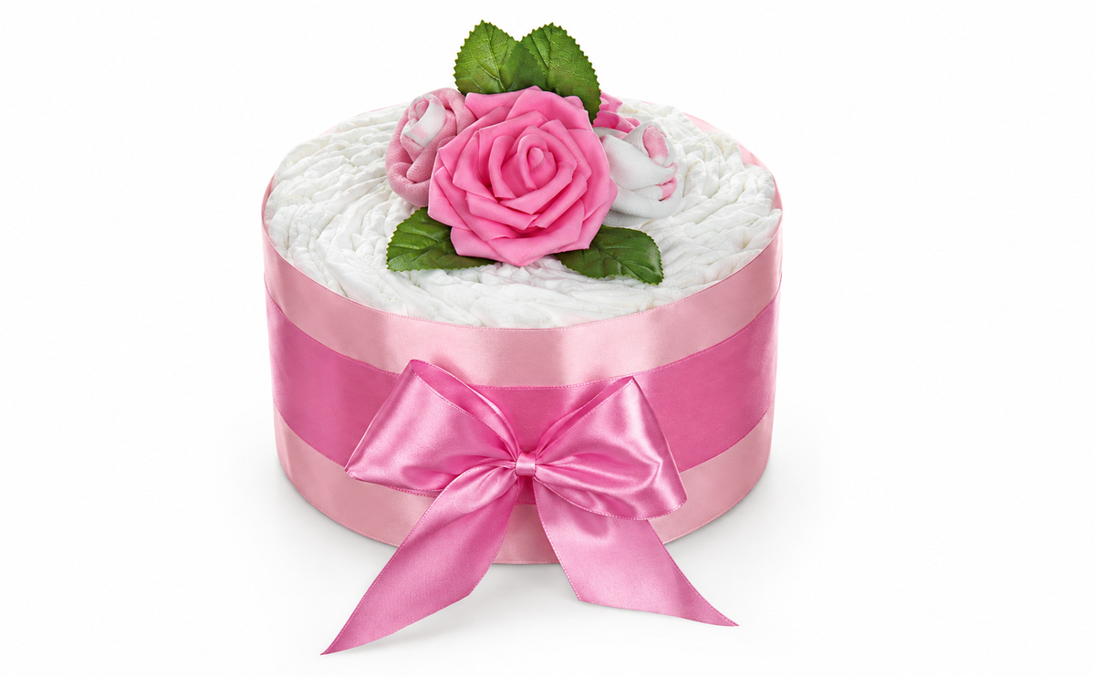Rosa Windeltorte mit breiter Satinschleife, pinker Rosenblüte, Söckchenrosen und grünen Blättern auf Weiß