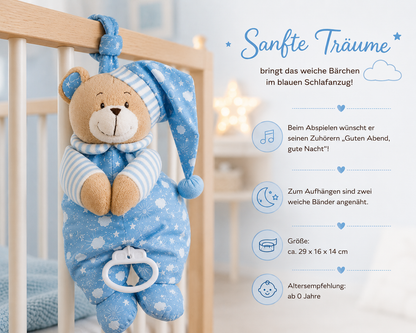 Blaue Teddybär-Spieluhr am Babybett; Infografik mit Melodie, Bändern, Größe 29 × 16 × 14 cm und Alter 0+
