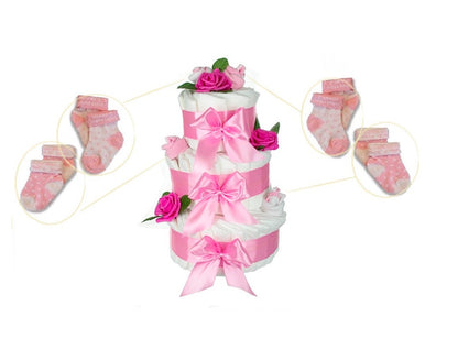 Große Windeltorte Rosenblüte | 3-stöckig rosa