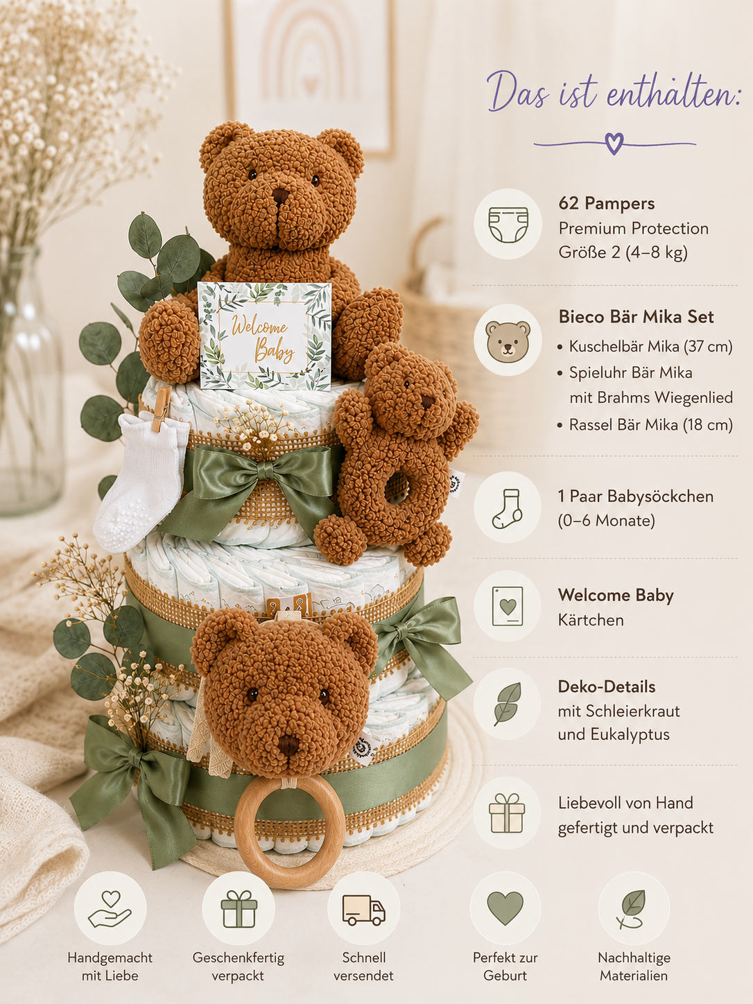 Windeltorte Teddybär Mika | neutral zur Geburt (2- oder 3-stöckig)