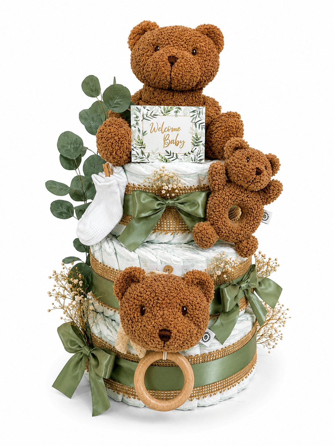 Windeltorte Teddybär Mika | neutral zur Geburt (2- oder 3-stöckig)
