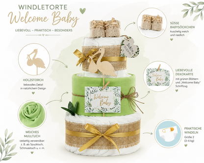 Neutrale Windeltorte Storch mit Bündel | inkl. Babybooties und Mullwindel | grün