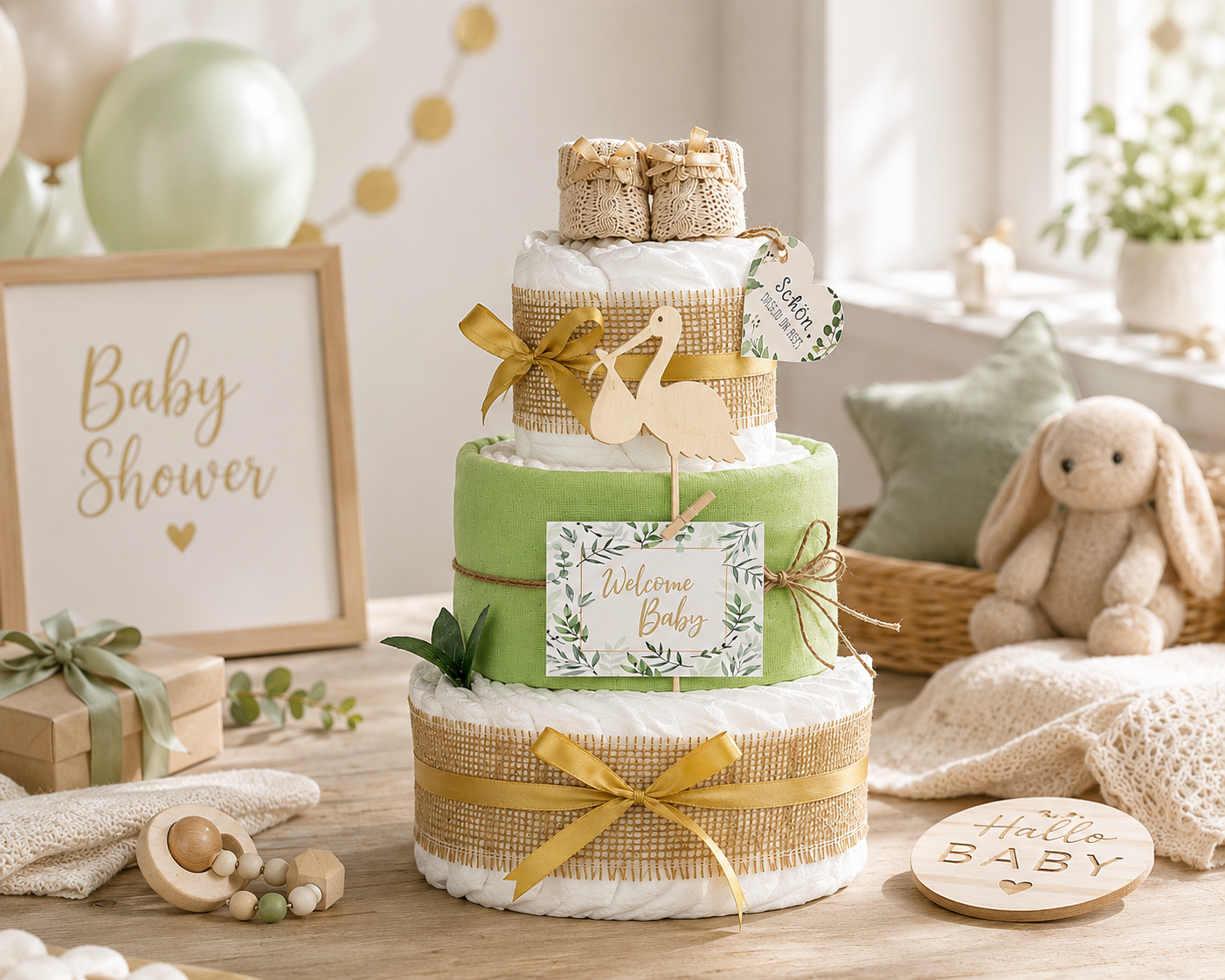 Neutrale Windeltorte Storch mit Bündel | inkl. Babybooties und Mullwindel | grün
