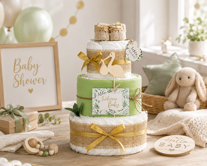 Neutrale Windeltorte Storch mit Bündel | inkl. Babybooties und Mullwindel | grün
