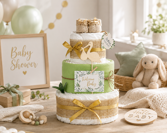 Neutrale Windeltorte Storch mit Bündel | inkl. Babybooties und Mullwindel | grün