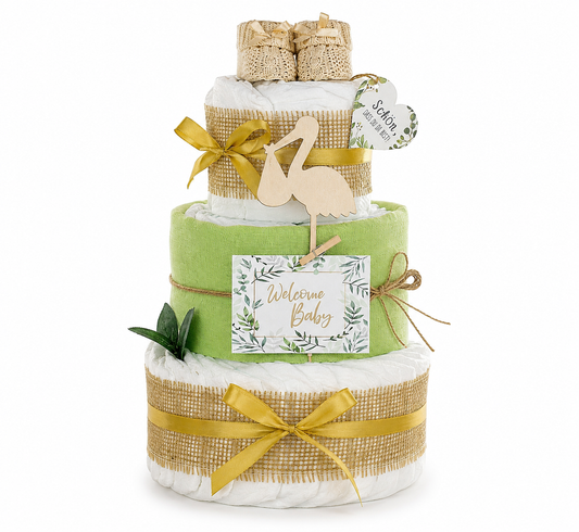 Neutrale Windeltorte Storch mit Bündel | inkl. Babybooties und Mullwindel | grün