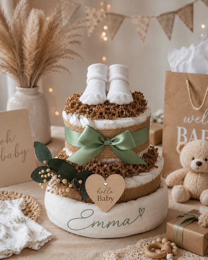 Boho Windeltorte mit Namen – personalisiertes Geschenk zur Geburt